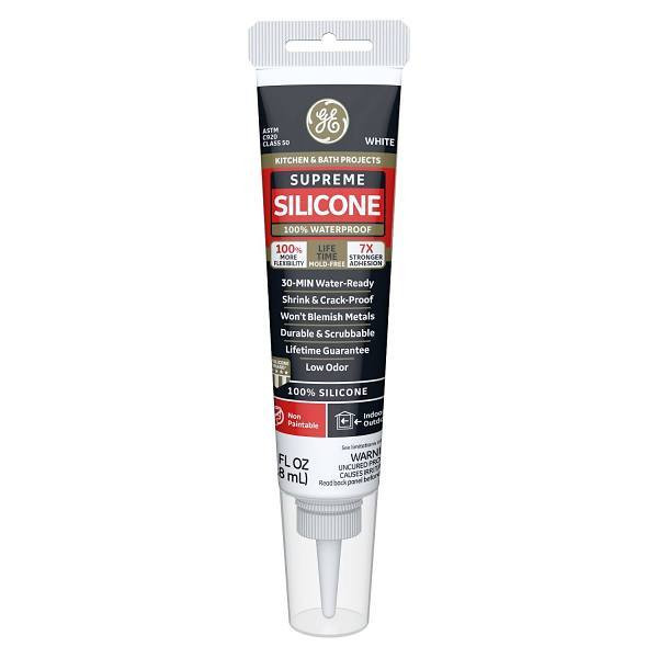GE 2.8 Oz Supreme Silicone Kitchen And Bath Sealant, White, Case Of 12