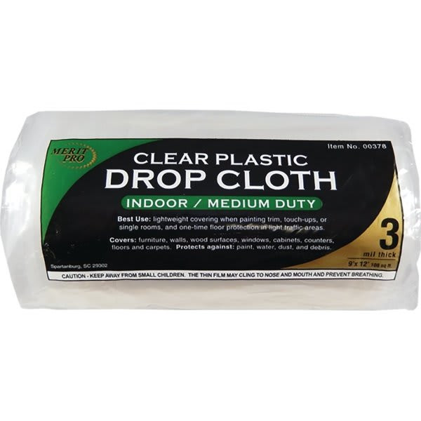 Merit Pro Dynamic 00378 9' X 12' 3 Mil Clear Drop Cloth, Roll, Package Of 12