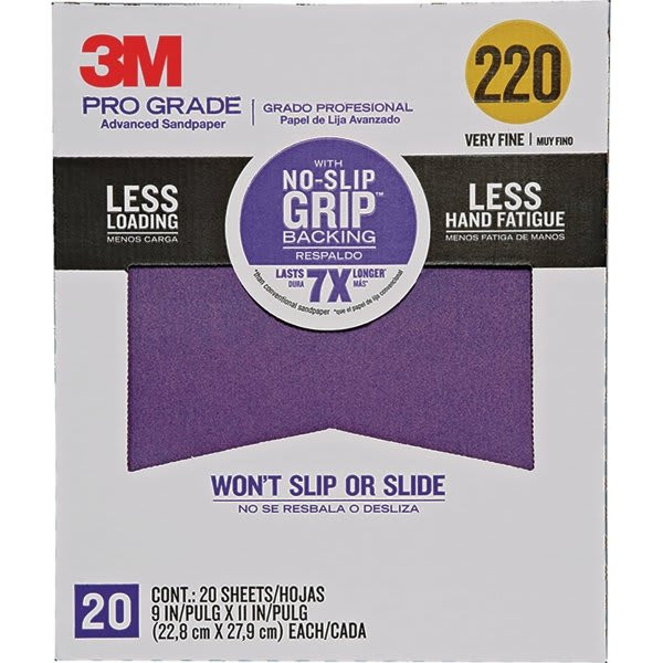 3m 27220tri-20 9" X 11" 220 Grit Pro Grade No Slip Grip Sandpaper, Package Of 20