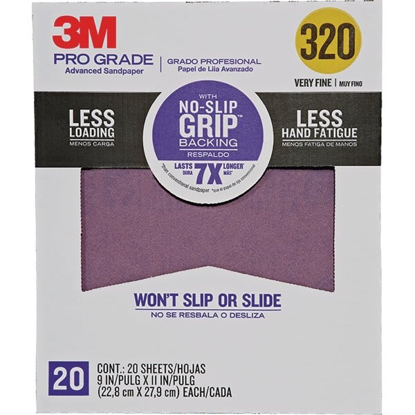 3m 27320tri-20 9" X 11" 320 Grit Pro Grade No Slip Grip Sandpaper, Package Of 20