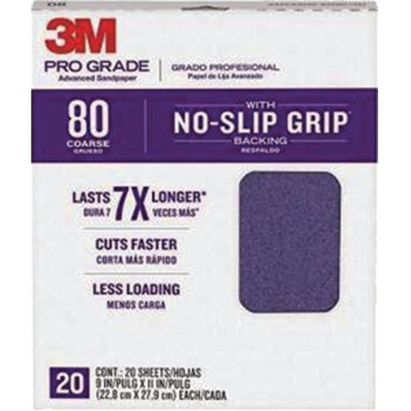 3m 27080tri-20 9" X 11" 80 Grit Pro Grade No Slip Grip Sandpaper, Package Of 20
