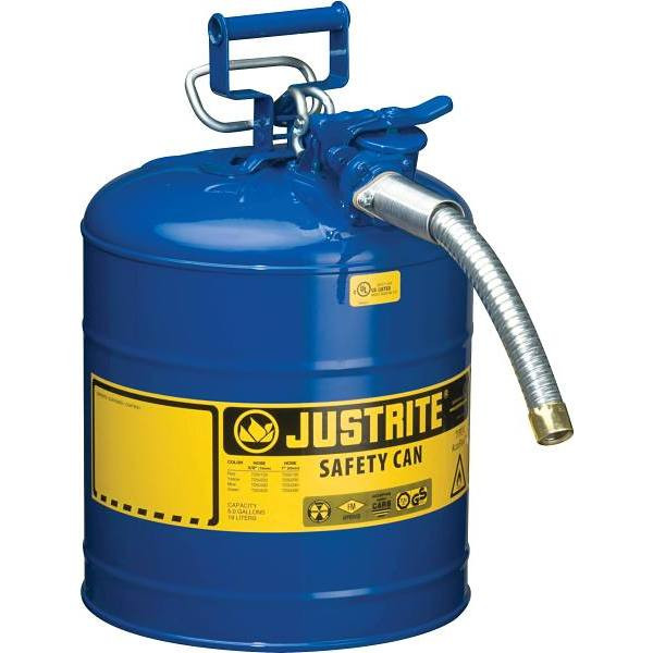 Justrite Accuflow  5 Gallon Blue Type II Safety Can With 9"L X 1" Dia. Metal Hose