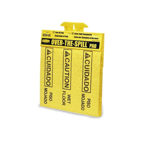 Rubbermaid Commercial Absorbent Over-The-Spill Pads With Caution Wet Floor Message, Yellow, 12-Pack