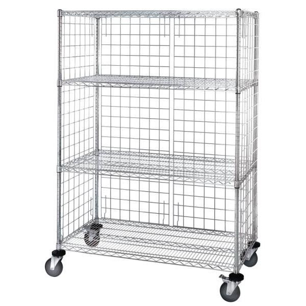 Quantum Storage Systems Chrome Wire 3 Sided 4 Shelf Cart With Enclosure Panel 18wx48lx63h Inch