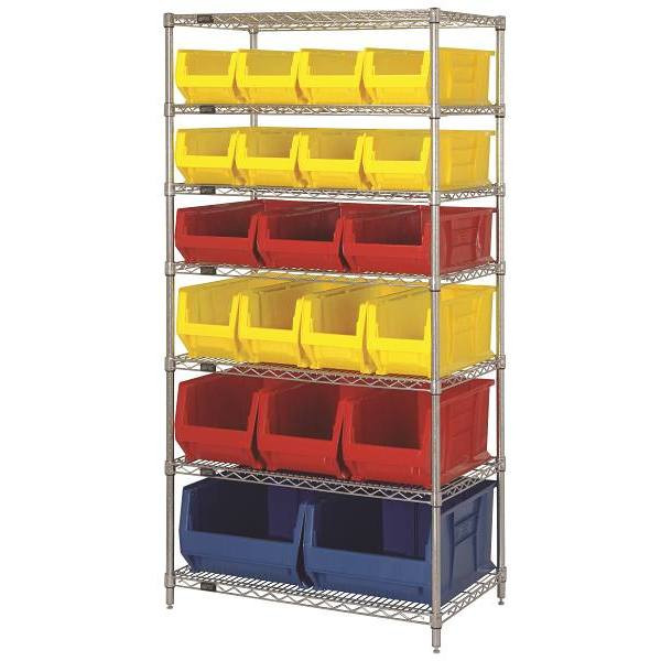 Quantum Storage Systems Wire Shelf Unit With 20 Mixed Color Hulk Bins, 24x36x74