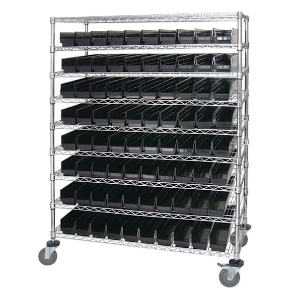 Quantum Storage Systems Wire Catheter Cart With 80 Black Bins, 24" X 48" X 69"