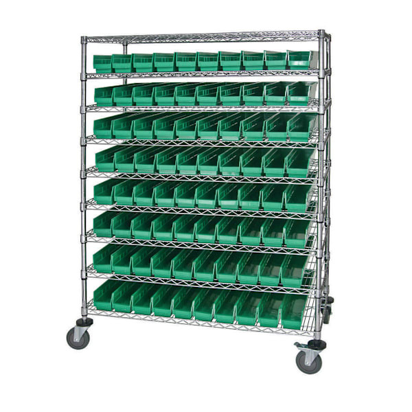 Quantum Storage Systems Wire Catheter Cart With 80 Green Bins, 24" X 48" X 69"