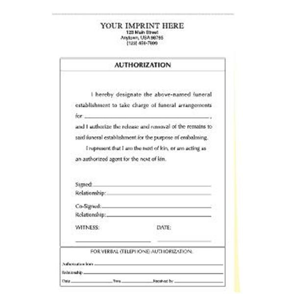 2-Part Funeral Authorization Forms Package Of 100