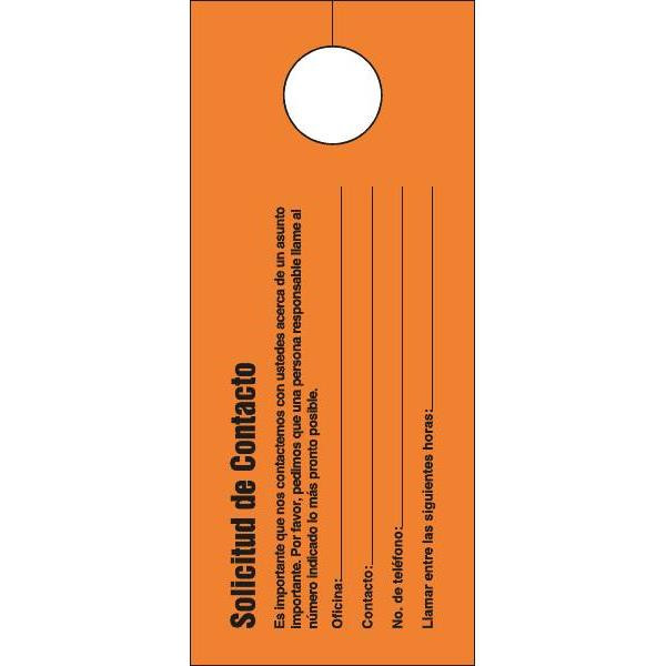 Door Knob Card -Contact Request Bi-Lingual Bright Orange Package Of 100