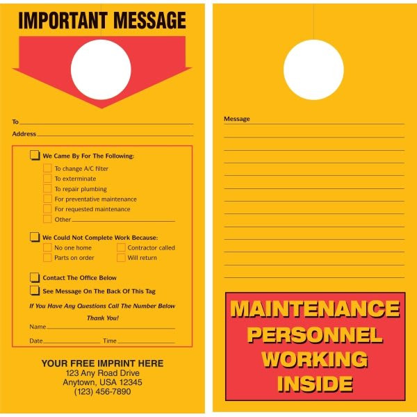 Maintenance Door Tags, Bright Orange, 4-1/4" X 8-1/2", Pack Of 100