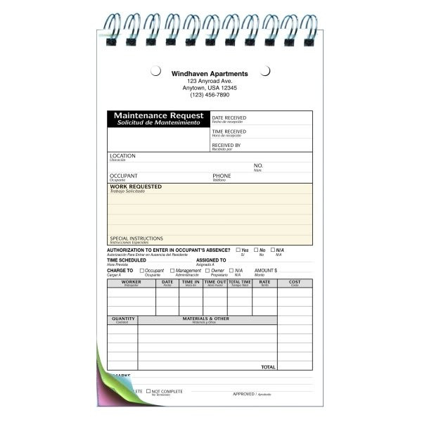 Personalized 3-Part Bilingual Maintenance Request Book, Labor/material Format