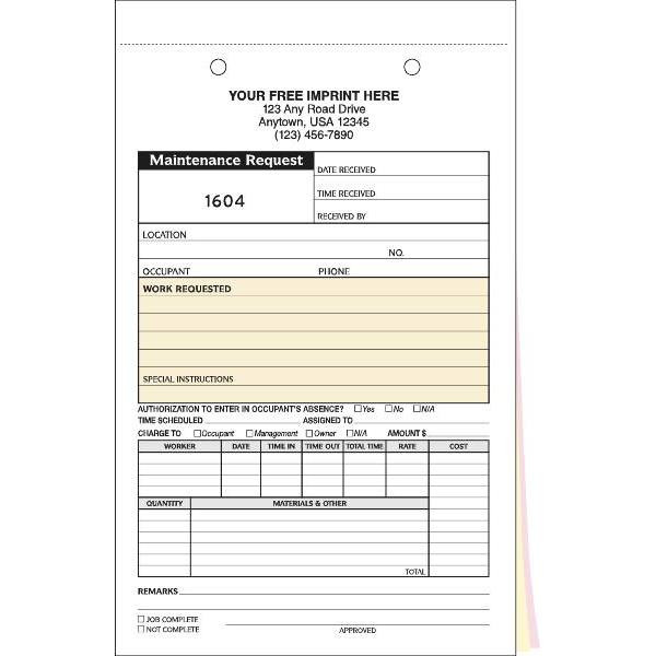 Personalized 3-Part Maintenance Requests Labor/Material Format, Package Of 100