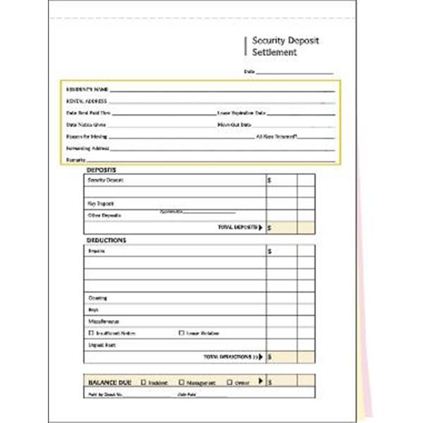 2-Part Security Deposit Settlement, 8-1/2 X 11, Package Of 100