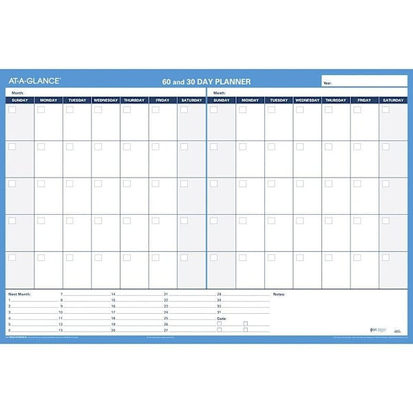 At-A-Glance 30/60-Day Horizontal Erasable Wall Planner 36 X 24 White/Blue Sheets