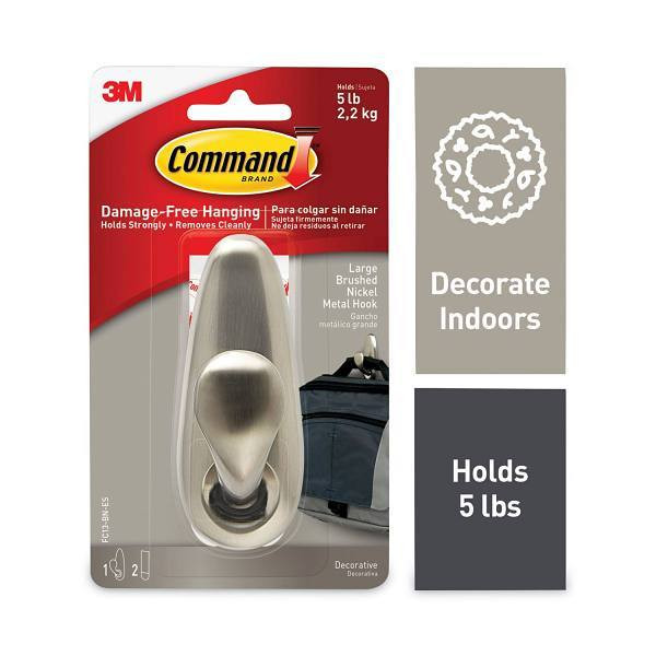 Adhesive Mount Metal Hook, Large, Brushed Nickel Finish, 5 Lb Capacity, 1 Hook And 2 Strips/Pack