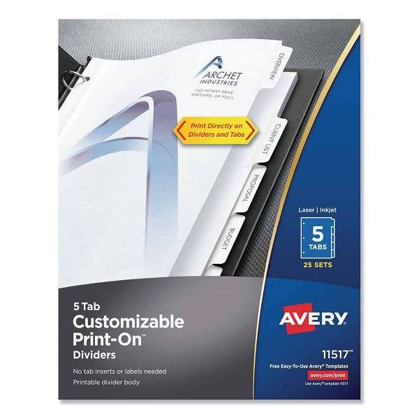 Avery Customizable Print-On Dividers 3-Hole 5 Tab 11x8.5 White Package Of 25