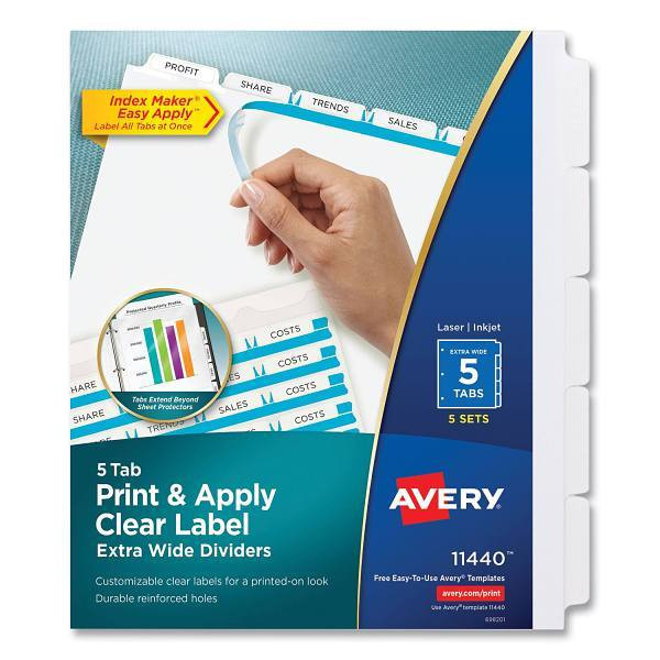 Avery Print Index Maker Dividers Extra Wide 5-Tab White 11.25x9.25 Package Of 5