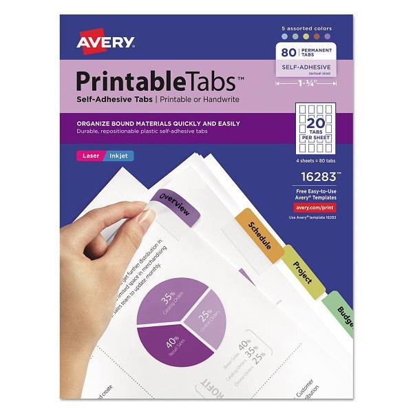 Avery Printable Plastic Tabs-Repositionable Adhesive 1/5-Cut Asst Package Of 80