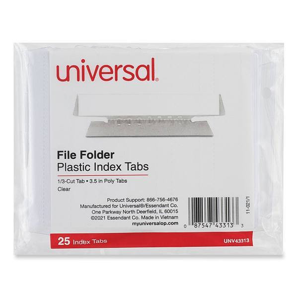 Universal Hanging Folder Plastic Index Tab 1/3-Cut Clear 3.7" Wide Package Of 25