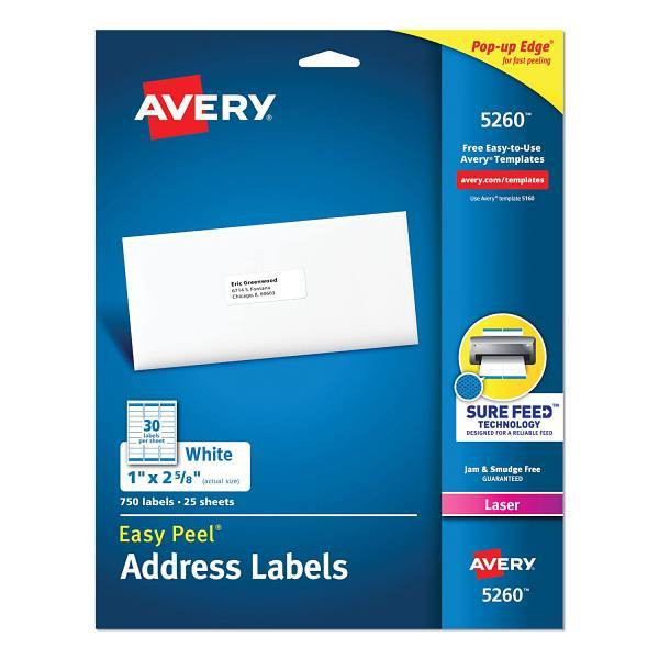 Avery Peel White Address Label-Sure Feed Tech Laser Printer 1x2.63 Package Of 25