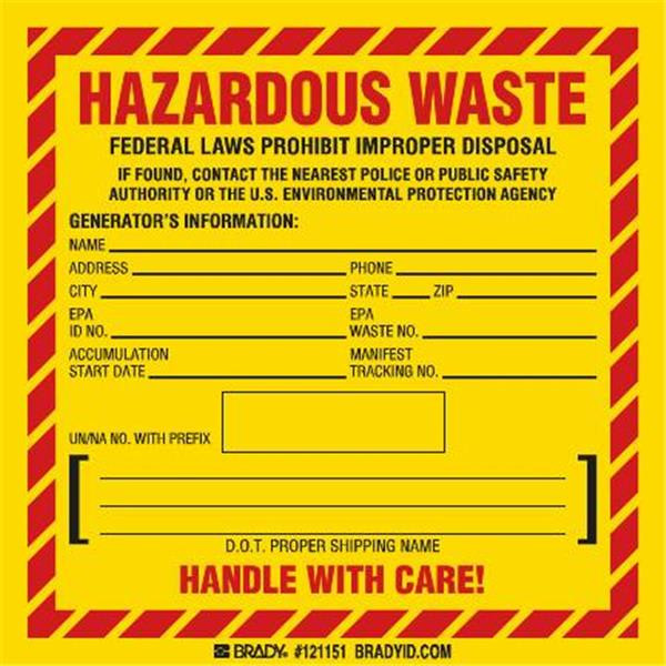 Brady "Hazardous" Label 6" H X 6" W X 0.004"D Black/Red/Yellow, Package Of 100