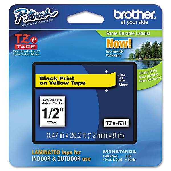 Brother Tze Standard Adhesive Laminated Labeling Tape .47"X26.2 Ft Black/Yellow