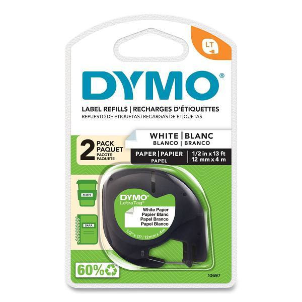 DYMO Letratag Paper Label Tape Cassettes 0.5"X13 Ft White Package Of 2