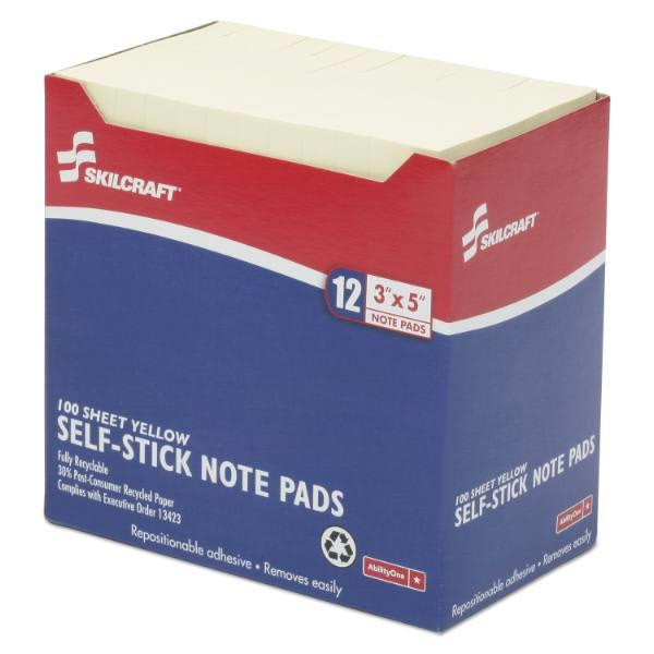 Skilcraft Self-Stick Note Pads, 3 X 5, Yellow, 100 Sheets, Package Of 12