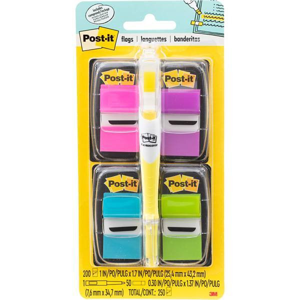 Post-It Flags W/Bonus Yellow Highlighter 1"X1.75" Assorted Colors Package Of 200