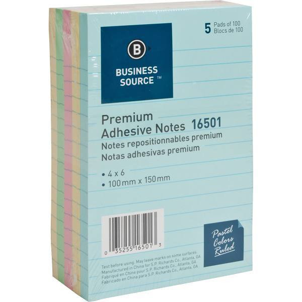 Business Source Ruled Adhesive Notes 4"X6" Assorted Colors Package Of 5