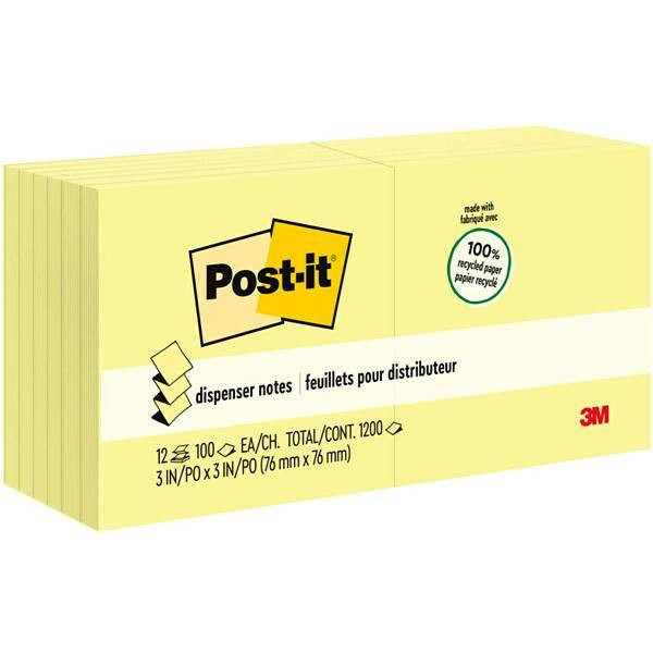 Post-It Greener Dispenser Notes 3"X3" Recycled Canary Yellow Package Of 12