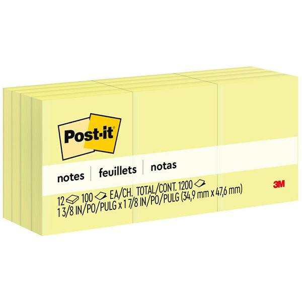 Post-It Notes Original Notepads 1.375"X1.875" Canary Yellow Package Of 12