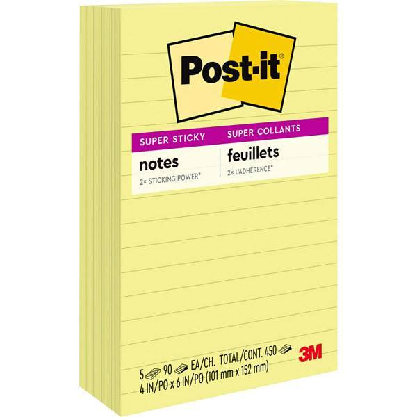 Post-It Super Sticky Lined Notes 4"X6" Canary Yellow Package Of 5