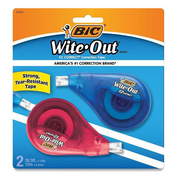 Wite-Out Ez Correct Correction Tape, Non-Refillable, Randomly Assorted Applicator Colors, 0.17" X 472", 2/Pack