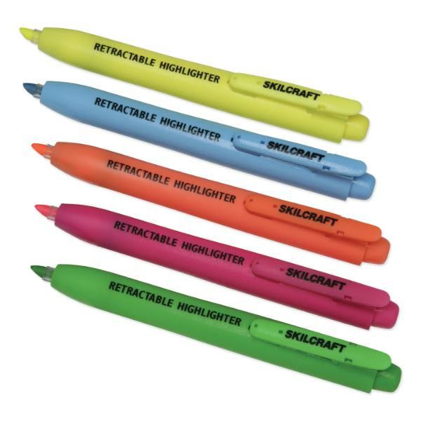 Skilcraft Retractable Highlighter, Chisel Tip, Assorted Colors, Package Of 5