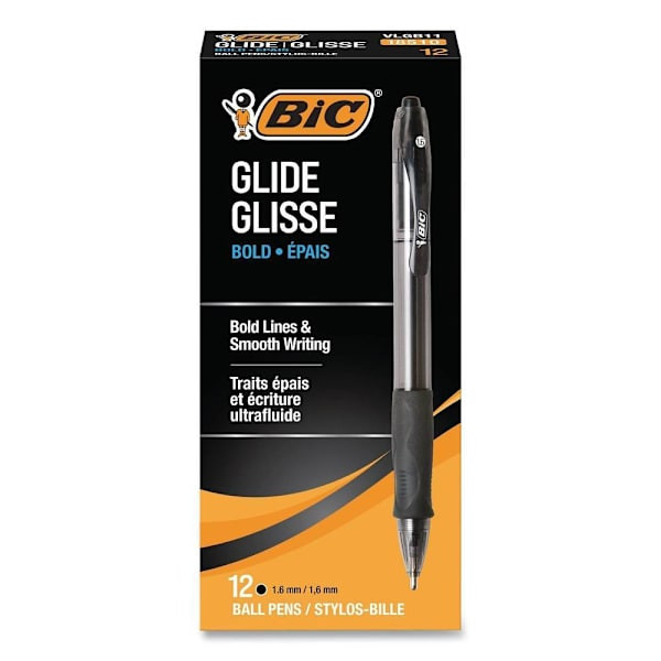 Bic Glide Bold Ballpoint Pen Bold 1.6 Mm Black Ink Smoke Brl Package Of 12