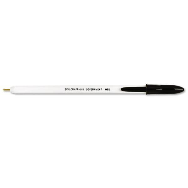 Skilcraft Stick Ballpoint Pen, Medium 1mm, Black, White Barrel, Package Of 12