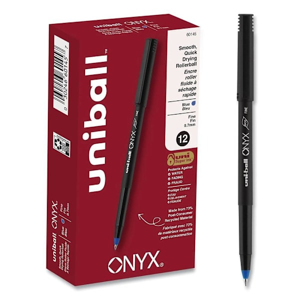 Uni-Ball Onyx Rollerball Pen Fine 0.7 Mm Blue Ink Black/Blue Brl Package Of 12