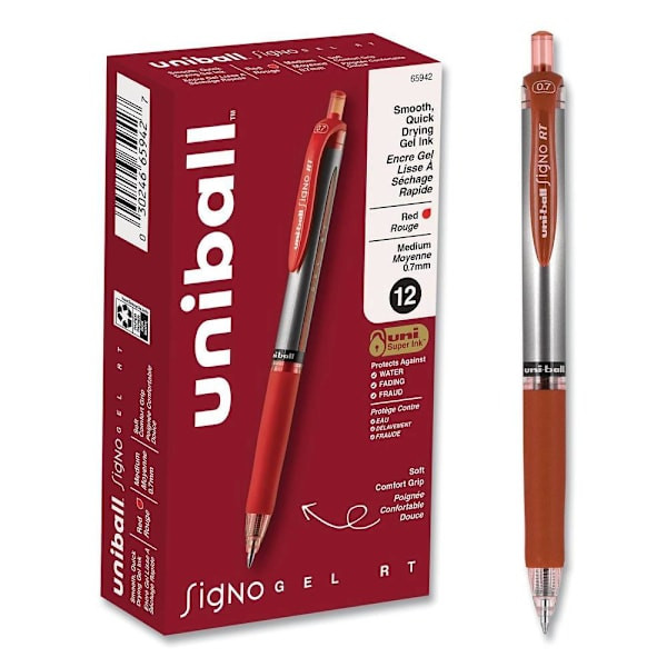 Uni-Ball Signo Gel Pen 0.7 Mm Red Ink Silver/Red Brl Package Of 12