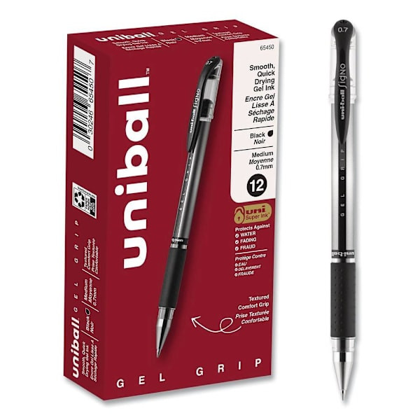 Uni-Ball Signo Grip Gel Pen Medium 0.7 Mm Black Ink Clr/Blk/Slvr Package Of 12