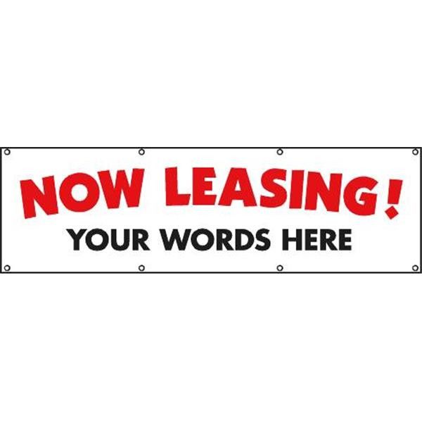 Semi-Custom Now Leasing Banner, White With Red Letters, 10' X 3'