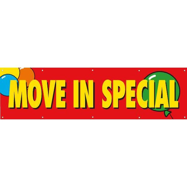 Horizontal Move In Special Banner, Red With Balloons, 15' X 4'