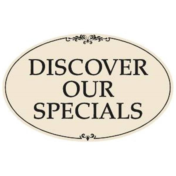 Coroplast Discover Our Specials Oval Amenity Sign, Black/Ivory, 32 X 21