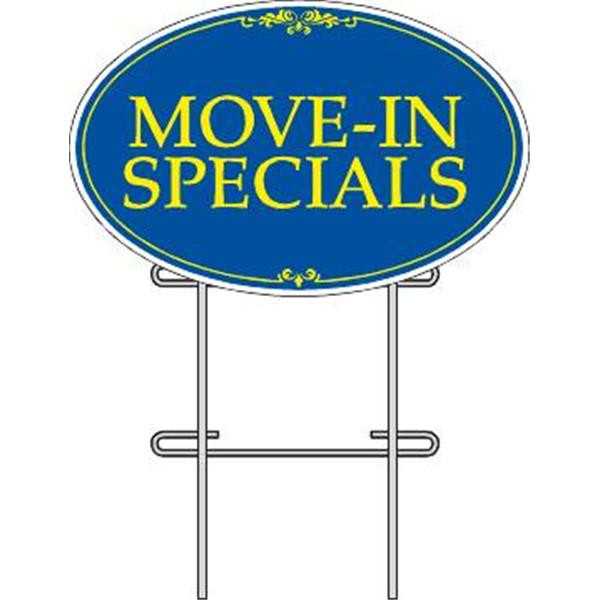 Coroplast Move In Specials Oval Amenity Sign Kit, Blue/Yellow, 32 X 21