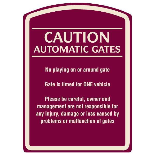 Caution Automatic Gates Designer Sign, Ivory On Burgundy, 16 X 22
