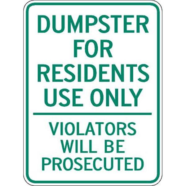 Dumpster For Resident Use Only Sign, Reflective, 18 X 24