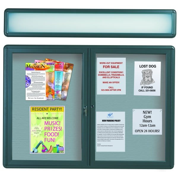 Enclosed Double Door Radius Design Bulletin Board, Wall Mount, Green, 47 X 34"