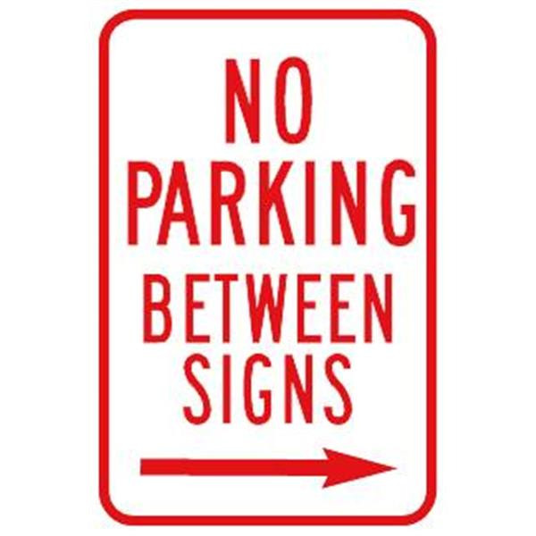 No Parking Between Signs Sign Right Arrow, Non-Reflective, 12 X 18