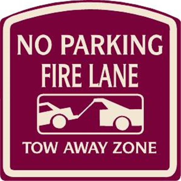 No Parking Fire Lane Sign, Ivory On Burgundy, Non-Reflective, 16 X 16