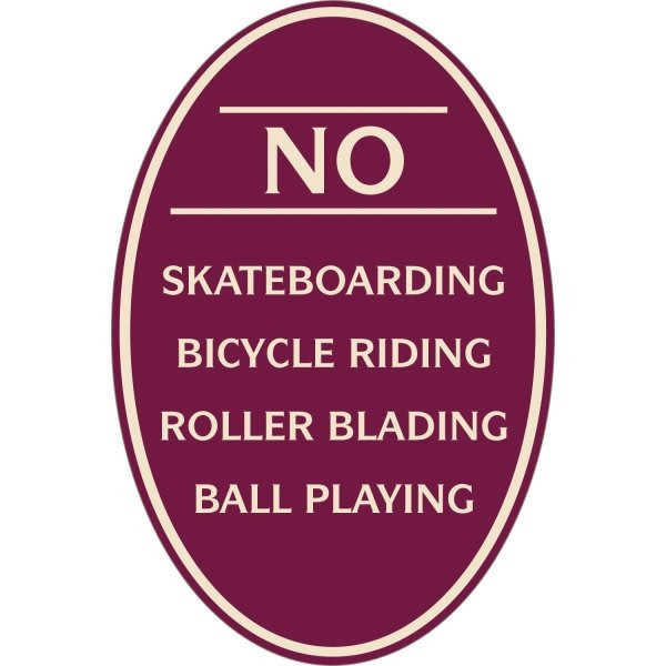 No Skateboarding Oval Designer Sign, Ivory On Burgundy, 12 X 18